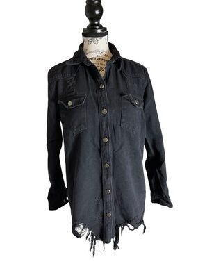 American Bazi Black Distressed Denim Shirt Jacket Women S Grunge Raw Hem